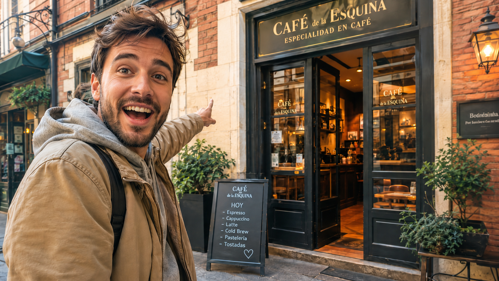 Cliente localizando fácilmente la entrada de una cafetería